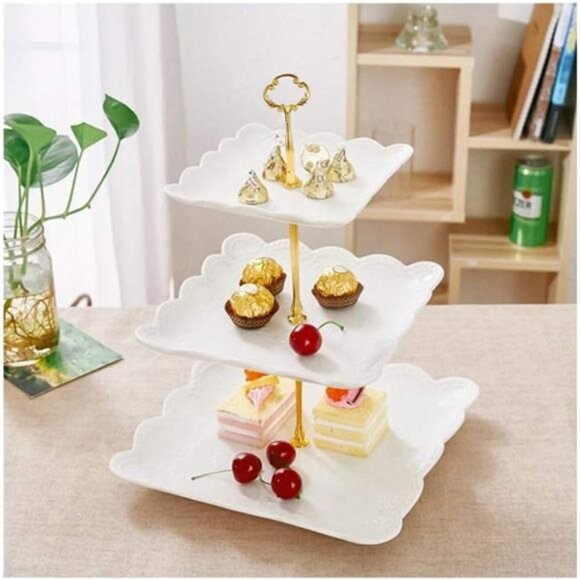 3 Tier Porcelain Cupcake Stand, Tiered Serving Cake Stand, Square White Embossed - Picture 2 of 7